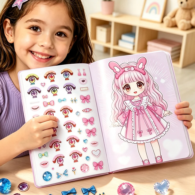Princess Makeup Stickers, DIY Dress-Up Sticker Book, with Fashionable Doll Designs - Dress-Up Game, Includes Reusable Stickers, Brings Creative Fun, Beautiful Dress-Up Art, and Interactive Activities - Suitable as a Gift for Girls, for Christmas and Halloween