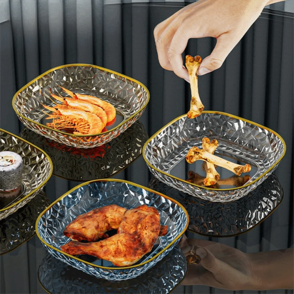 5PCS Multi-functional Square Snack Plate Transparent Plastic Bone Spitting Dish Golden Trim Appetizer Plate Fruit