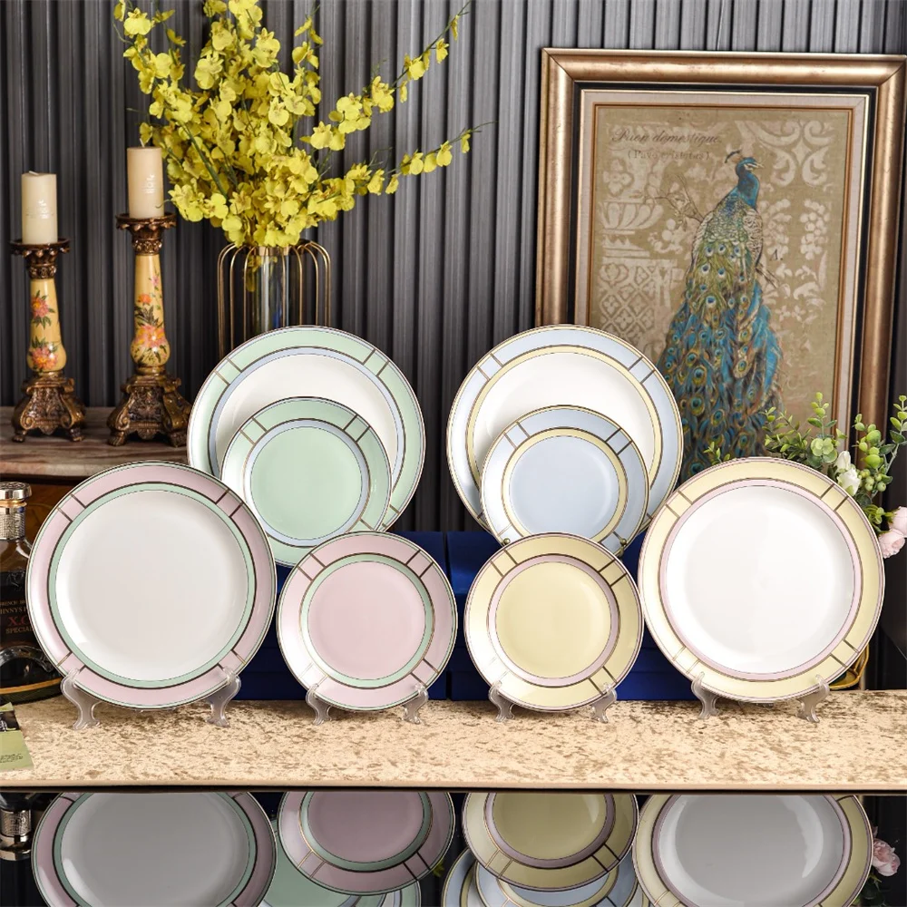 Italian Macaron Colored Ceramic Dinner Plate Set 8in Dessert and 10 in Flat Plate Fine Home Porcelain Dinnerware Gift Box