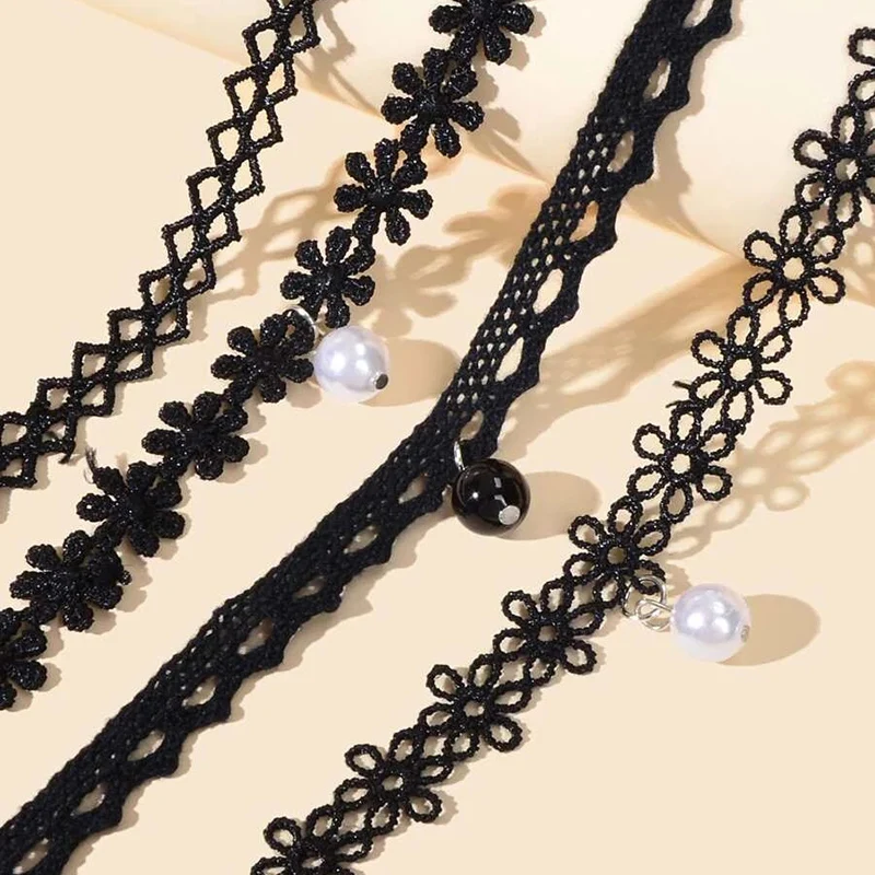 4pcs/set Classic Gothic Tattoo Lace Choker Necklace For Women Pearl Pendant Charm Necklaces Boho Jewelry Christmas Gift X0130