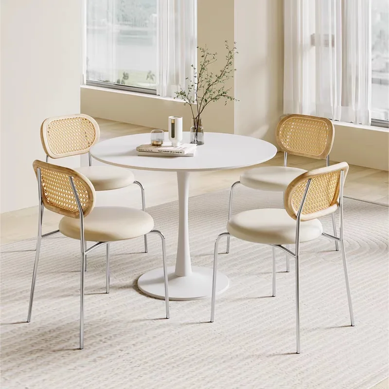 Silla de comedor de ratán nórdico, mesa de comedor y silla de restaurante medieval de lujo, silla informal con respaldo de ratán de madera maciza