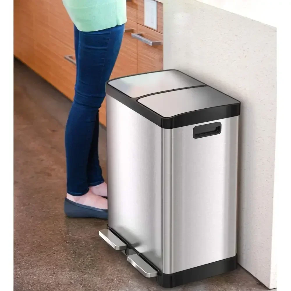 Double Odor-Controlled Stainless Steel Trash & Recycle Bin, 2 x 8 Gallon Removable Color-Coded Liners, Airtight Seal