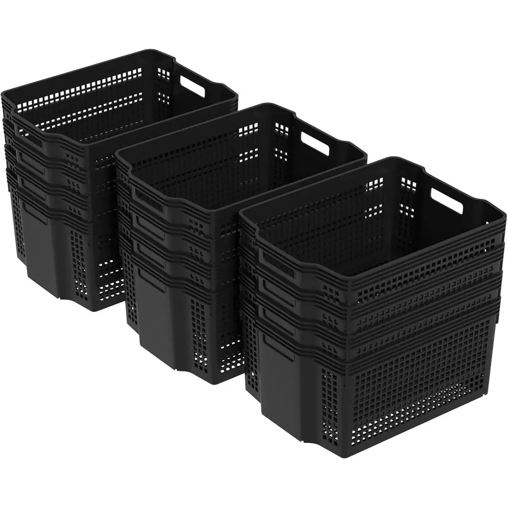 

12-Count Large Plastic Storage Baskets - Multi-Purpose Weave Organizer for Closets and Offices (Black)