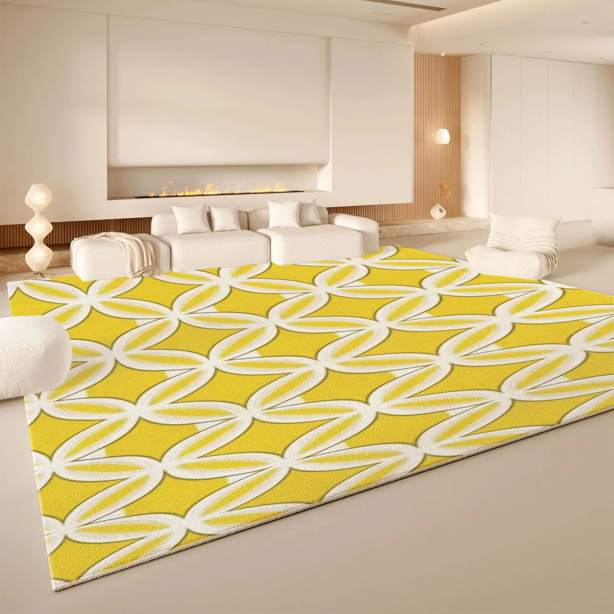 VIKAMA Yellow Geometric Floral Area Rug Non Slip Washable Large Living Room Carpet Modern Minimalist Neutral Sofa Floor Rug