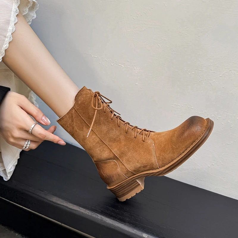 NEW Autumn/Winter Women Boots Genuine Leather Shoes Women Round Toe Chunky Heel Shoes Zip Lace-up Riding Boots Retro Daily Shoes
