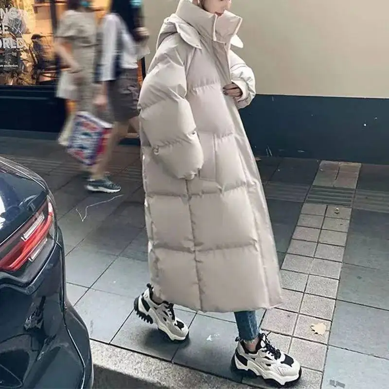 Winter Women Streetwear Thermal Solid Coat New Midi Parkas Loose Hoodies Long Sleeve Oversize Young Style All-Match Down Jacket