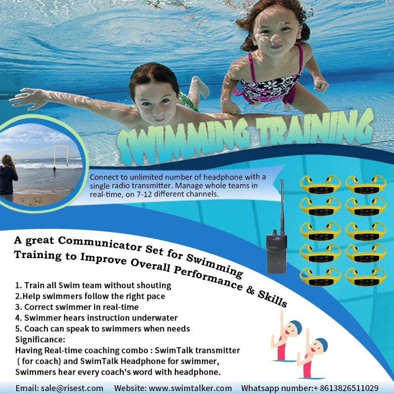 Comunicador de treinamento de natação 1 transmissor FM Swimtalk fone de ouvido à prova d'água 10 H904 fone de ouvido de condução óssea