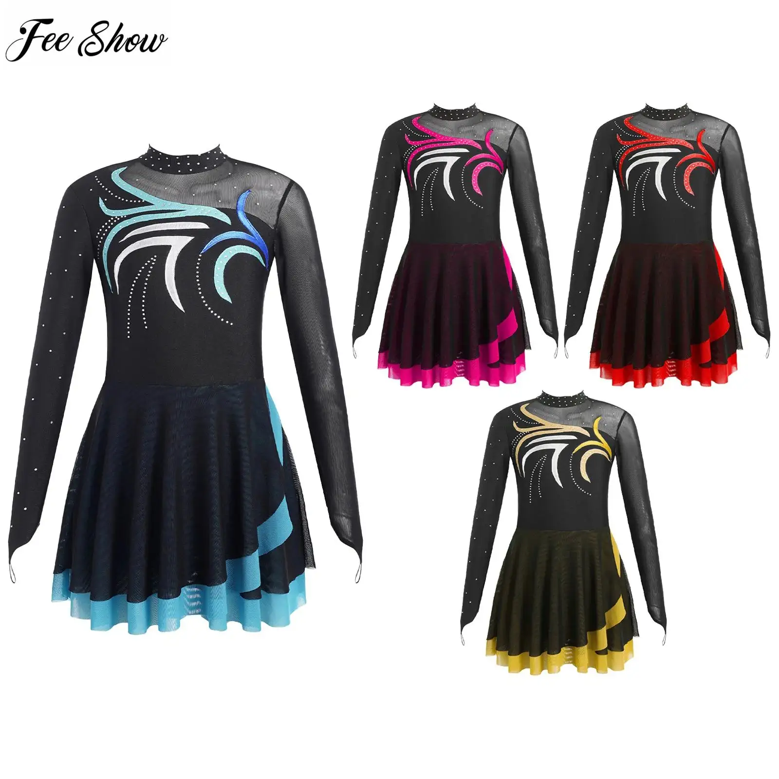 Kids Girls Figure Skating Dance Leotard Dresses Sparkly Rhinestones Sheer Mesh Patchwork Long Sleeve Mock Neck Dress Dancewear