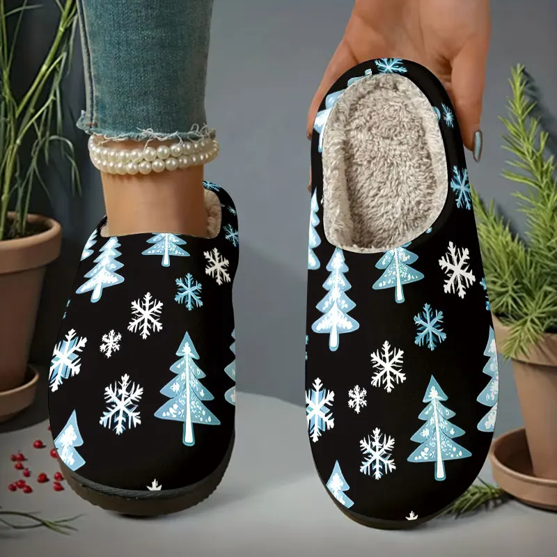 Christmas Tree Snow Print Women's Winter Warm Plush Slippers Fuzzy Fleece House Slippers Indoor Shoes view 6