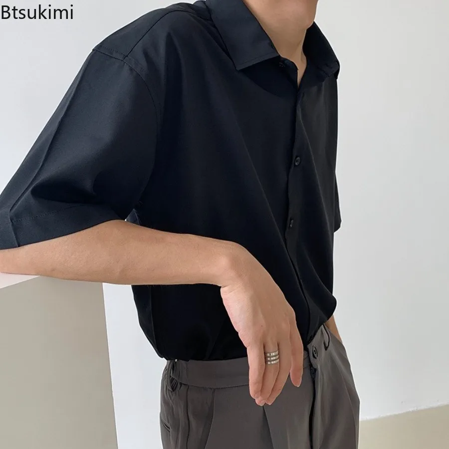 Elegant Men's Shirts Summer Ice Silk Short Sleeve Casual Shirts High Grade Solid All-match Blouses INS Korean Style Men Clothing