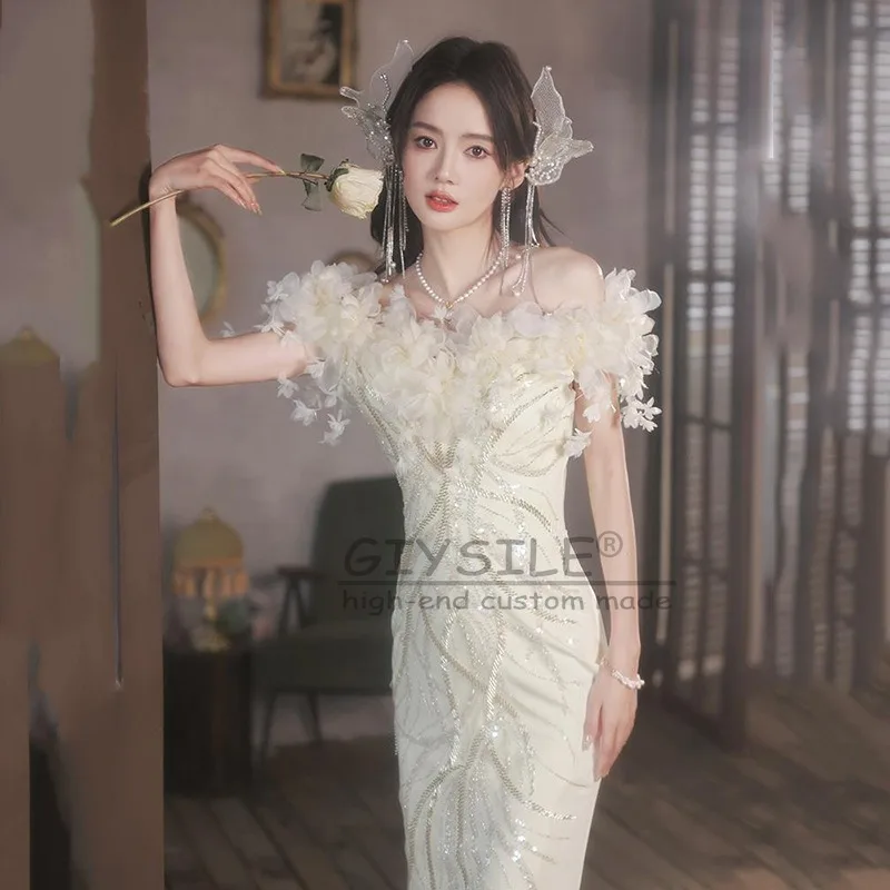 GIYSILE Personalizzato Super Fata Bianco Abito da Sera Sexy Luce di Lusso Floreale 2025 Nuovo Temperamento per Banchetti a Coda di Pesce con Una Spalla