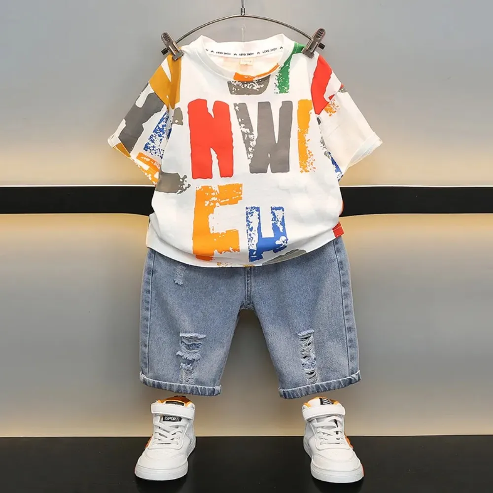 Summer New Baby Boys Clothes Cartoon Sports T-Shirt + Ripped Denim Shorts Sets for Toddler Infant Clothing Casual Outfits