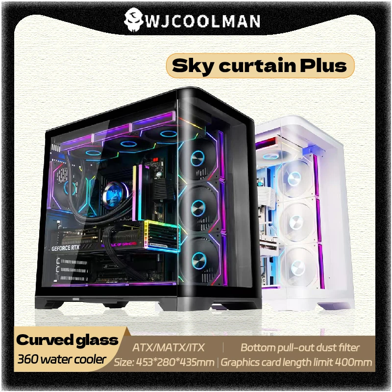 WJCOOLMAN Sky Curtain Plus ATX PC Gaming Case Curved Glass Sea View Room Desktop Computer Case 360 Water Cooler Gabinete Gamer