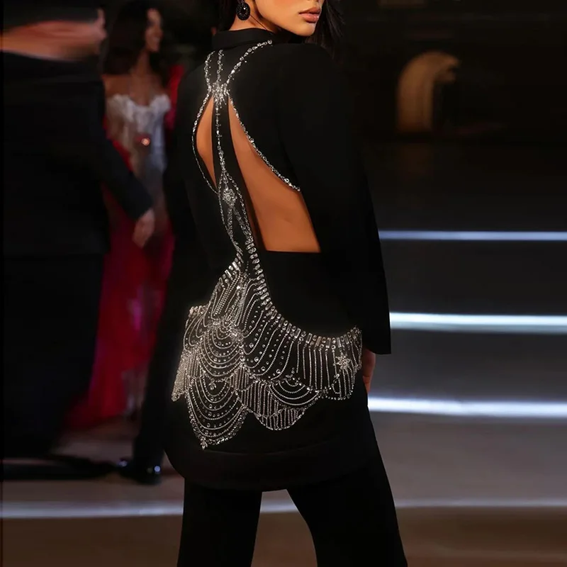 

VC Beaded Black Pants Suit For Women Diamonds Open Back Hollow Out Single Button Jacket With Pants Two Pieces Set
