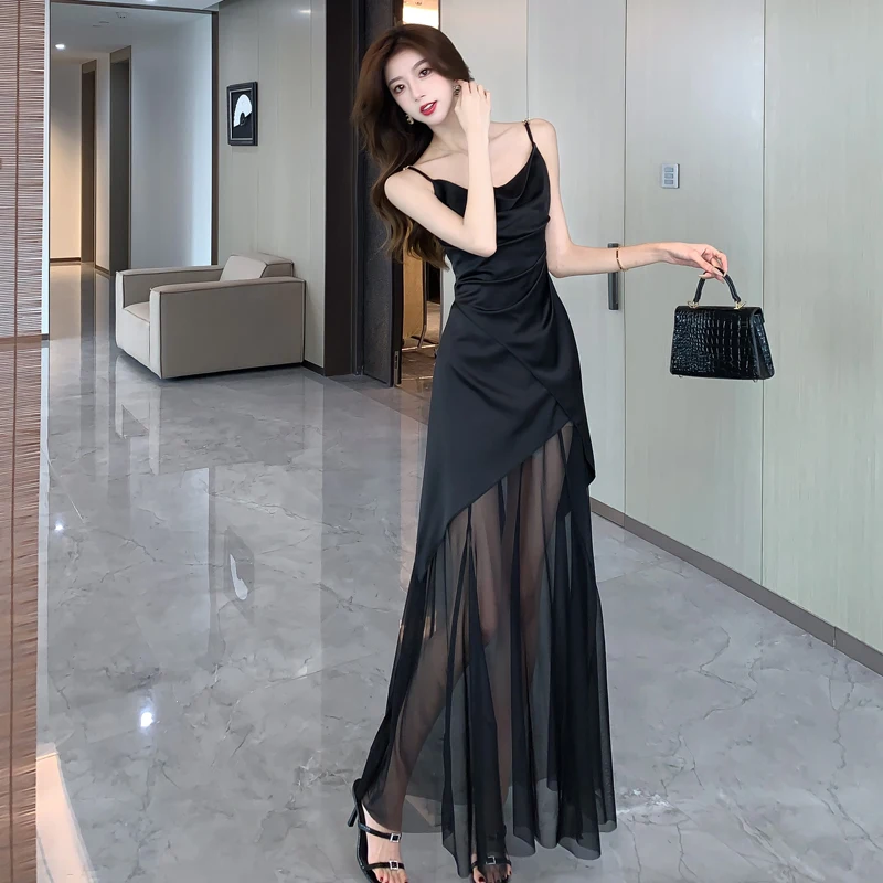 2024 New Korean Black Spaghetti Strap Midi Dresses for Women Elegant Party Fashion Sleeveless Patchwork Sexy Slim Female Clothes