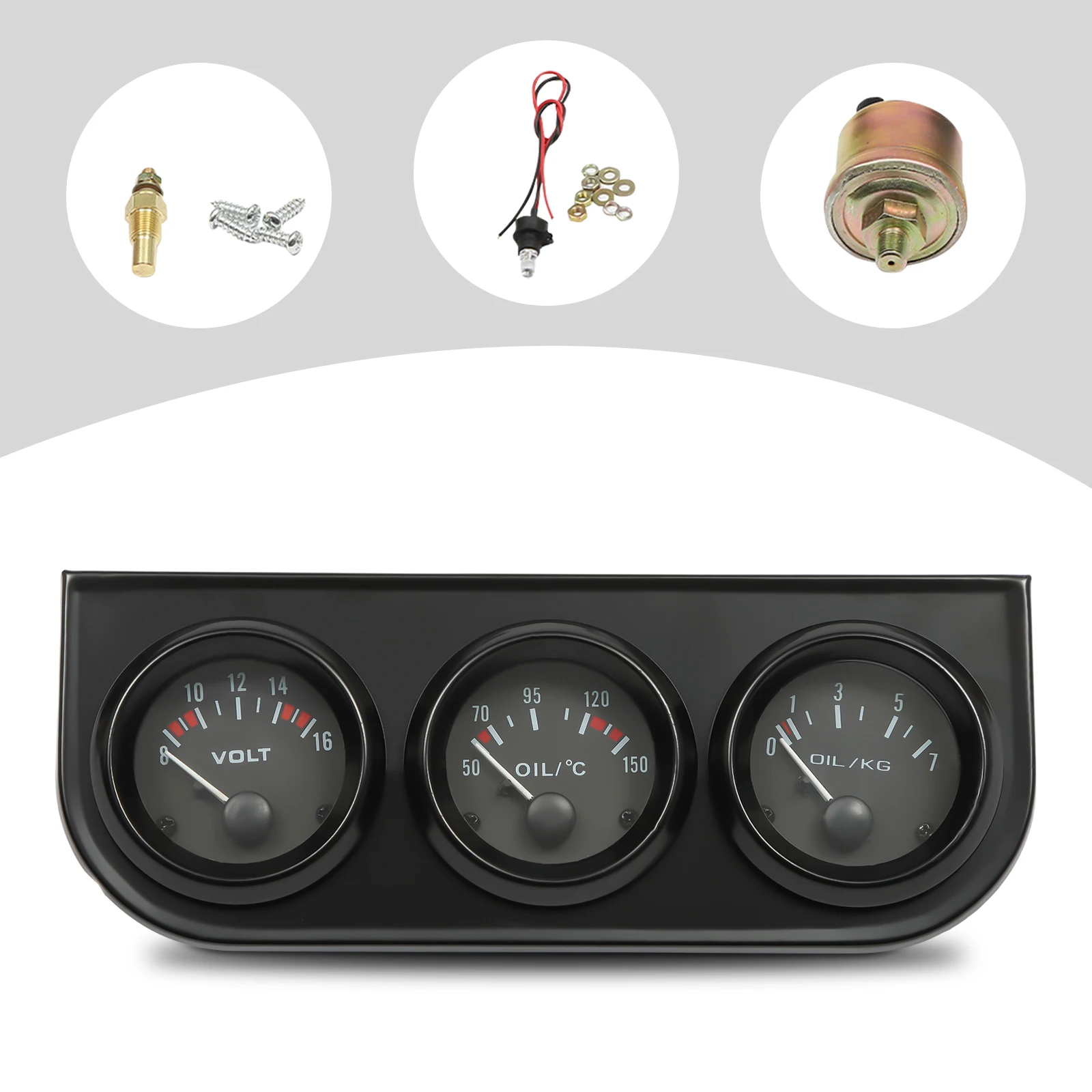 52mm Car Accessory Oil Pressure Gauge LED Multifunctional Three in One Instrument, Easy to Operate, Black