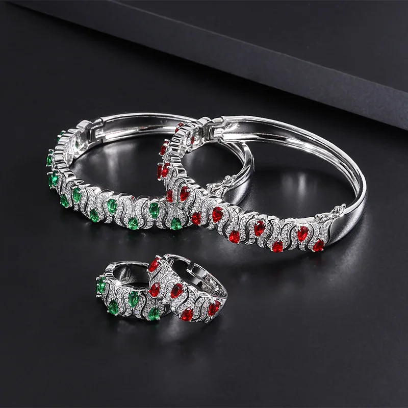 

Micro Pave Emerald Gemstone Diamond Bracelet Ring Set Luxurious Temperament European and American Colorful Gemstone Blood Pigeon