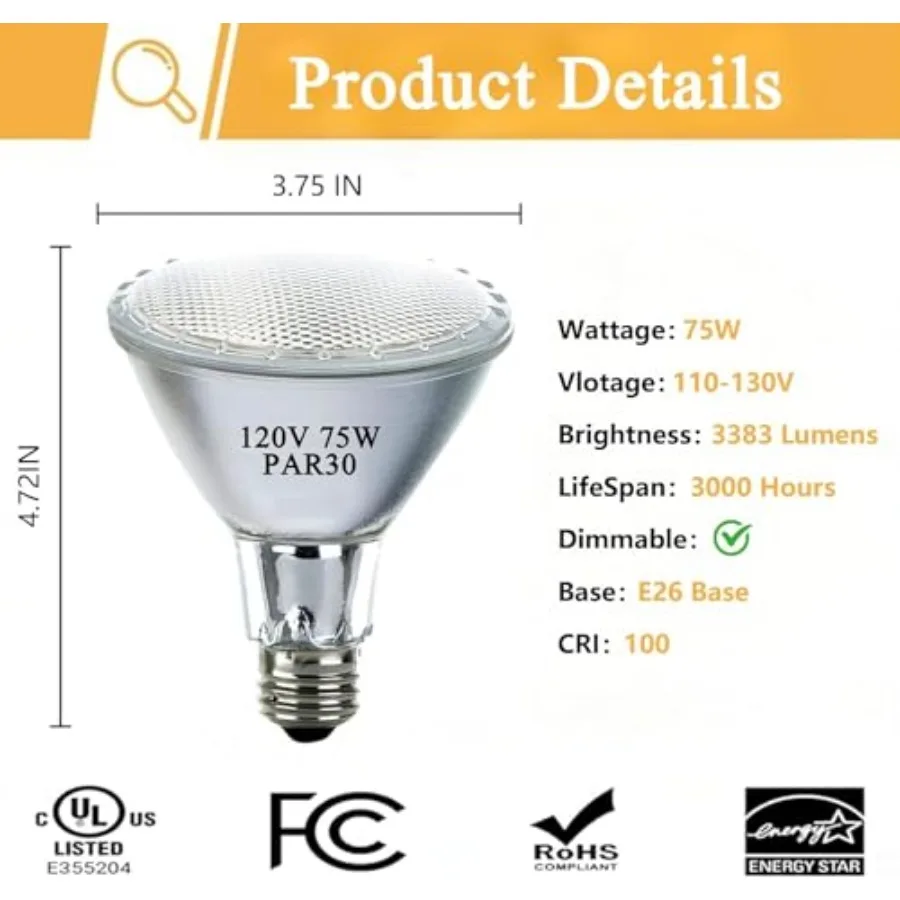 120V 75W Par30 Halogen Flood Light Bulbs, Halogen Long Neck Bulb, 2700K Warm White Dimmable High Brightness, Great for Accent L