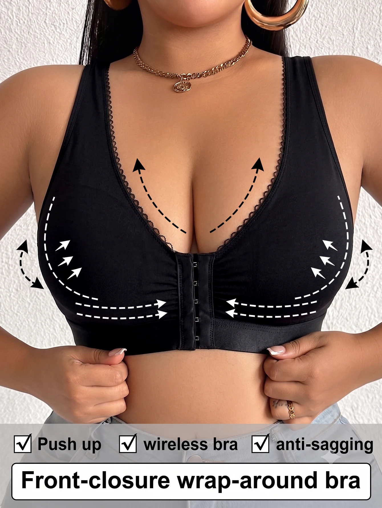 Full Cup Plus Size Women Bra Front Closure Wireless Unlined Thin Cup Gathering Brassiere Comfort Side Support Everyday Bra