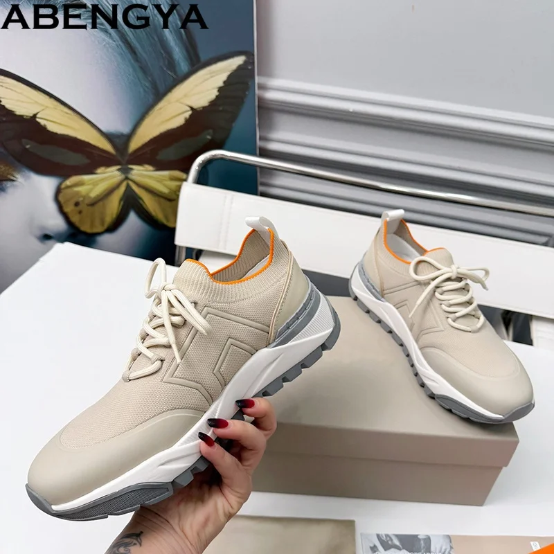 

ABENGYA Spring Knitted Casual Sneakers Men Flat Shoes Round Toe Lace Up Platform Walk Shoes Male Breathable Runner Shoes For Man