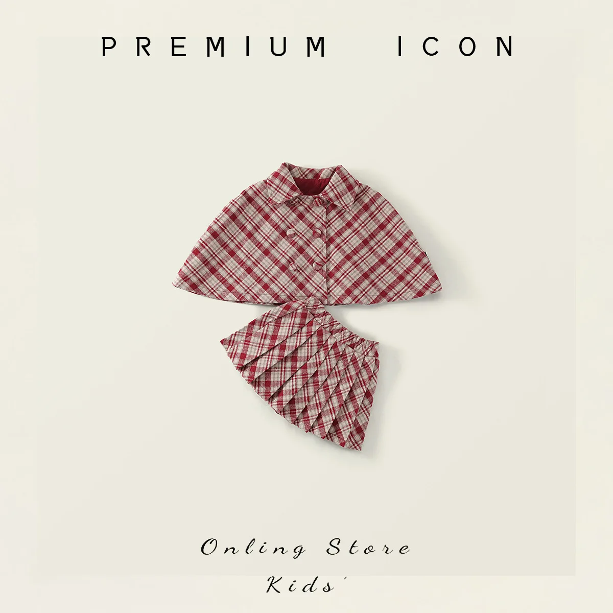 

Korean Children Clothing 2025 Autumn Winter New Red Plaid Woolen Set Girls Thick Cloak Jacket Pleated Skirt Two Piece Set