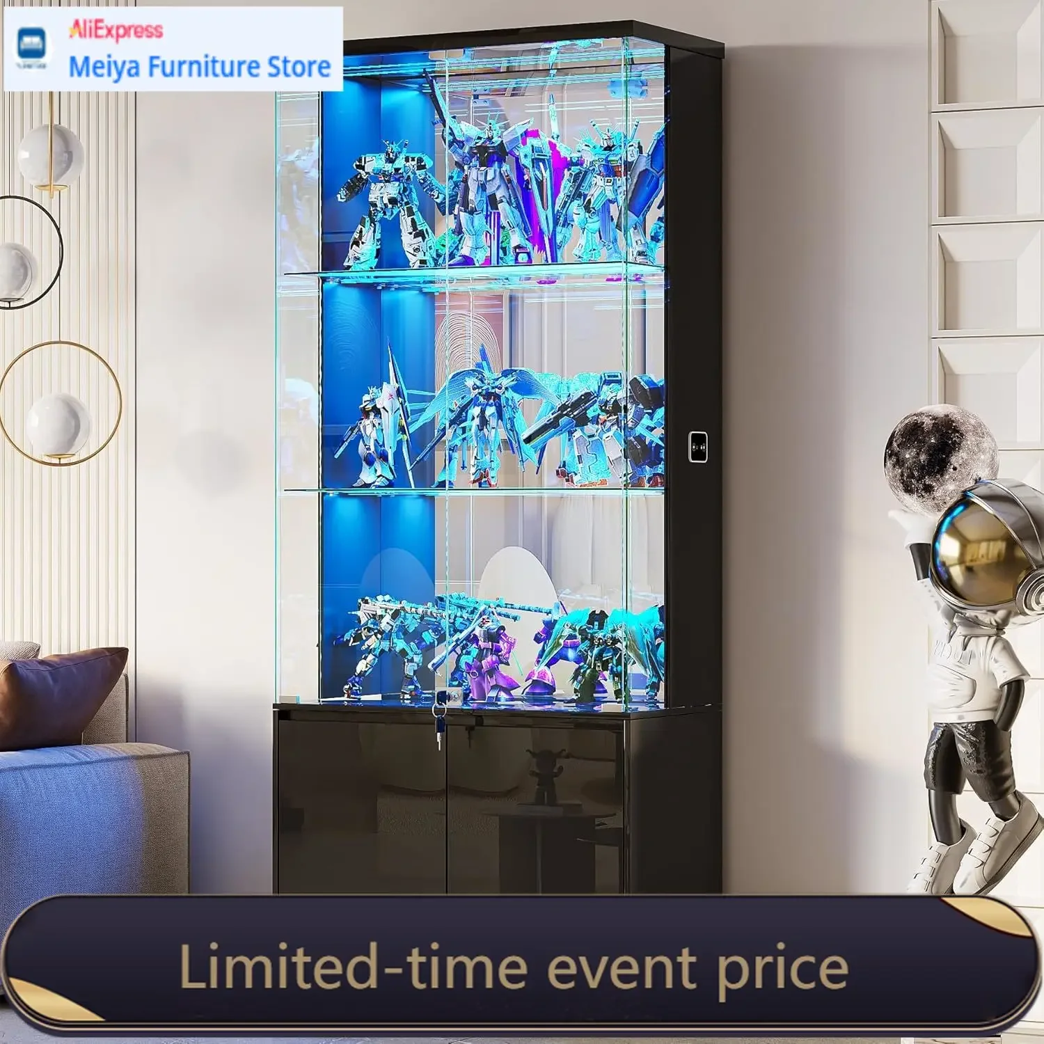 Black 71 Inch Glass Display Cabinet With Lights Human Body Sensor Locking Curio Case Shelves Drawers Tall Bookcase For Living Ro
