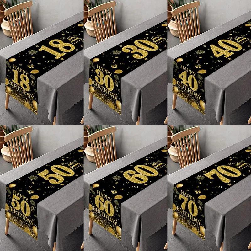 Black Gold Birthday Table Runner Cover 18/30/40/50/60/70th Party Decor for Adults Home Anniversary Supplies