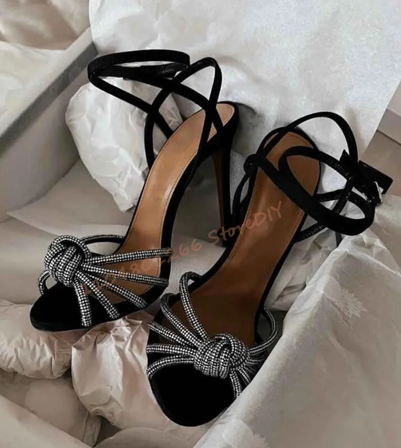 

Black Sandals Shoes Women High Heels Crystal Strappy Sandalias Comfort Walking Bridal Wedding Party Dressy Shoes