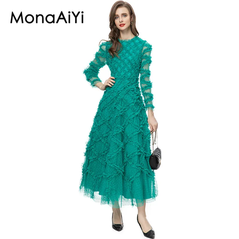 MonaAiYi Fashion Designer Dress Women's Round Collar Long Sleeves Dot Print Mesh Fabric Cross Fungus Selvedge Turquoise Dresses