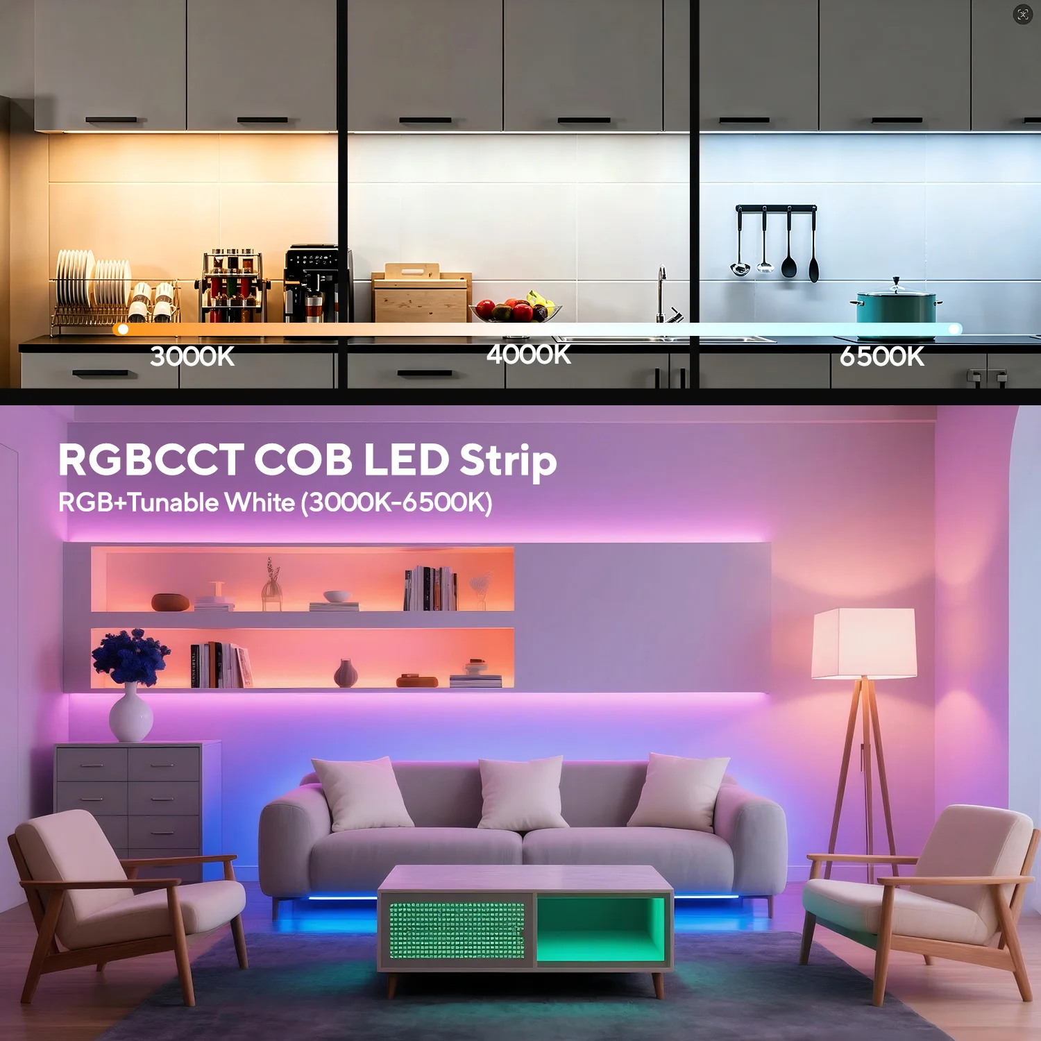 COB RGBW RGBCCT LED Strip Lights 840 LEDs High Density Dimmable LED Lighting Flexible RA90 FCOB RGB CCT LED Tape Ribbon DC24V