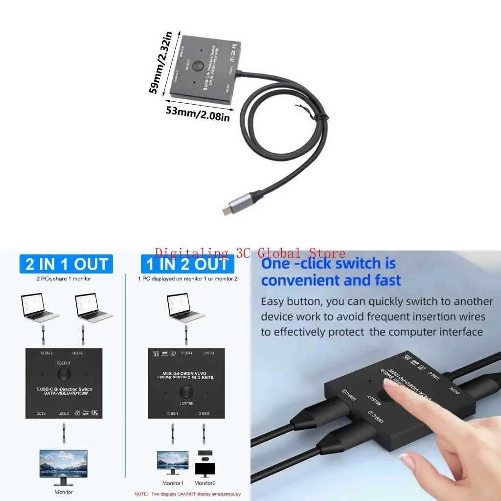 

Двойной компьютер USB -коммутатор Type C Type C KVM -переключатель с поддержкой зарядки 100 Вт