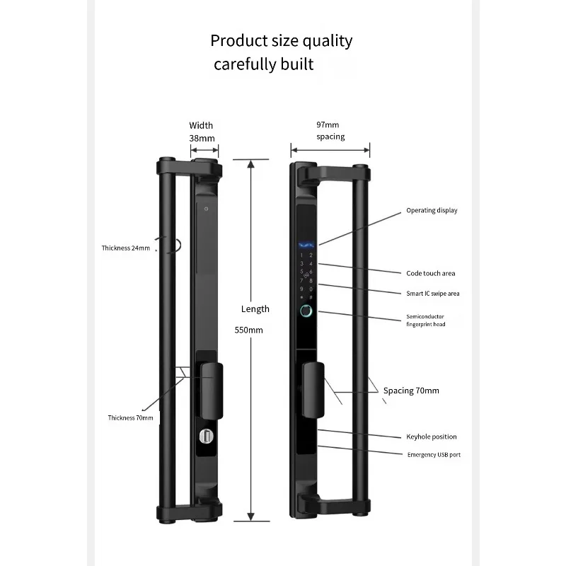 [2026]WiFi Connected Waterproof Glass Aluminum Alloy Door Large Handle Smart Fingerprint Code Keyless Entry Broken Bridge Stainl