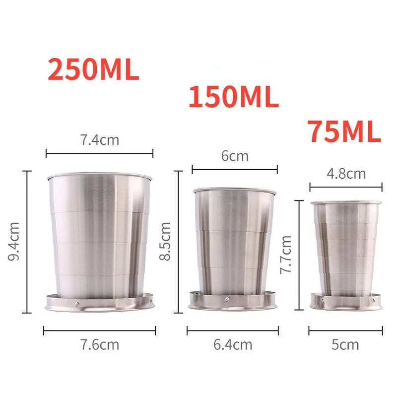 

75ml/150ml/250ml Folding Cup Telescopic Mug for Tea with Keychain Handcup Portable Outdoor Travel Camping Stainless Steel