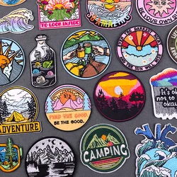 Adventure Cheer Iron On Patches For Clothes Drifting Bottle Embroidery Patches On Clothes Camping Applique Sun-set Sticker Badge