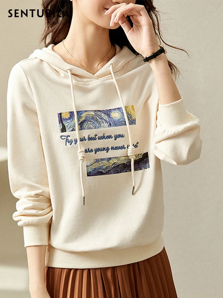 SENTUBILA Graphic Hoodies For Women Pullover Print Embroidery Hooded Sweatshirts 2025 Spring Fashion Long Sleeve Tops 123A43517