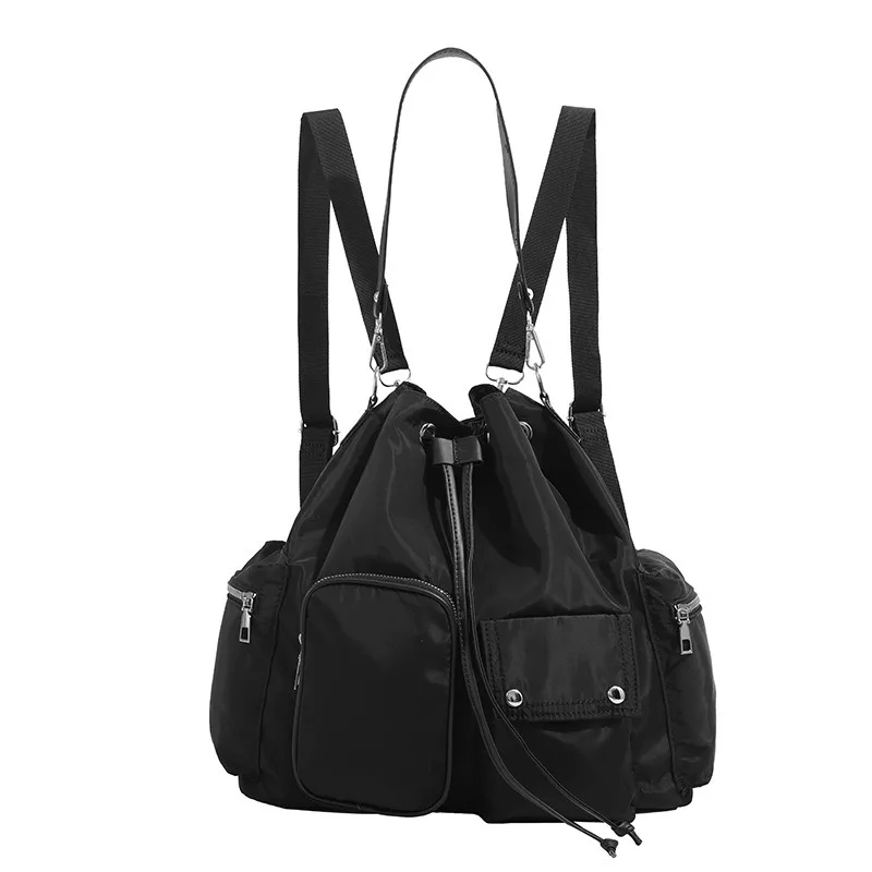 Women Multi Pocket Shoulder Bag, Fashion Niche Lightweight Drawstring Backpack Minimal Daily Backpack
