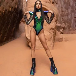 Women's Sequined Reborn Phoenix Bodysuit Green Bodysuit Club Bodysuit Sleeveless Sexy Women's Party Show Evening Bodysuit