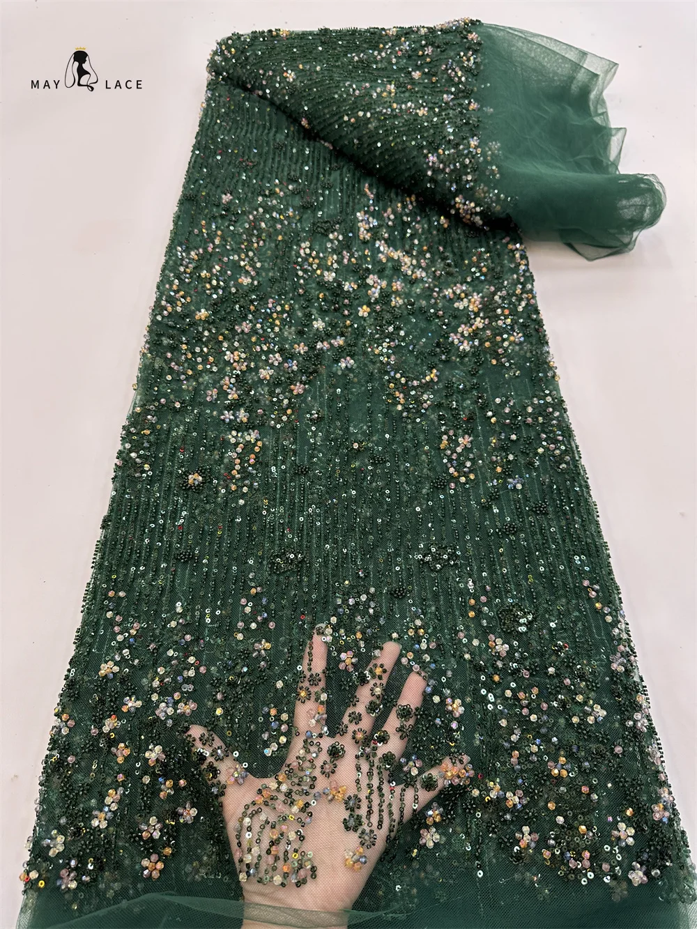 

Luxurious African Groom Sequins Lace Fabric High Quality 2025 Green French Embroidery Heavy Beads Lace Nigerian Sewing Dresses