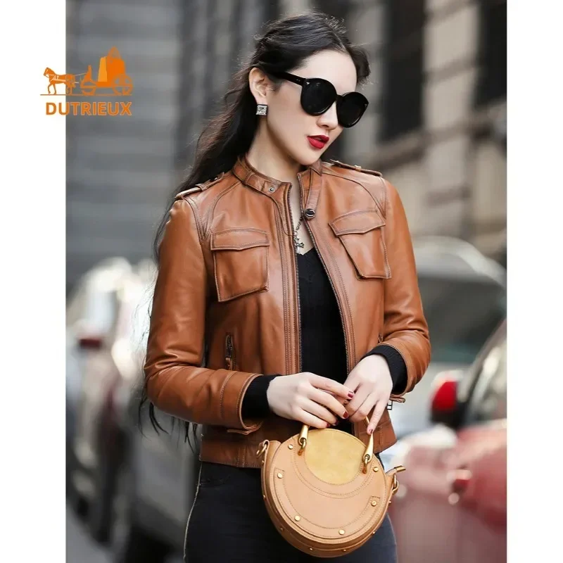 New Winter Women's  Leather Jacket,  High Quality Retro Temperament Sheepskin Stand Collar Short Slim Leather Work Jacket Coats