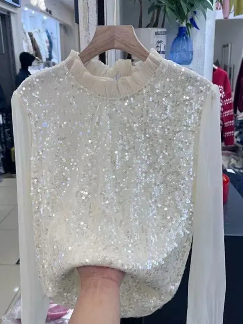 

2025 New French Style Sequin Long Sleeve T Shirt for Women with Ruffle Chiffon Patchwork Unique Designer Base Layer Elegant Top
