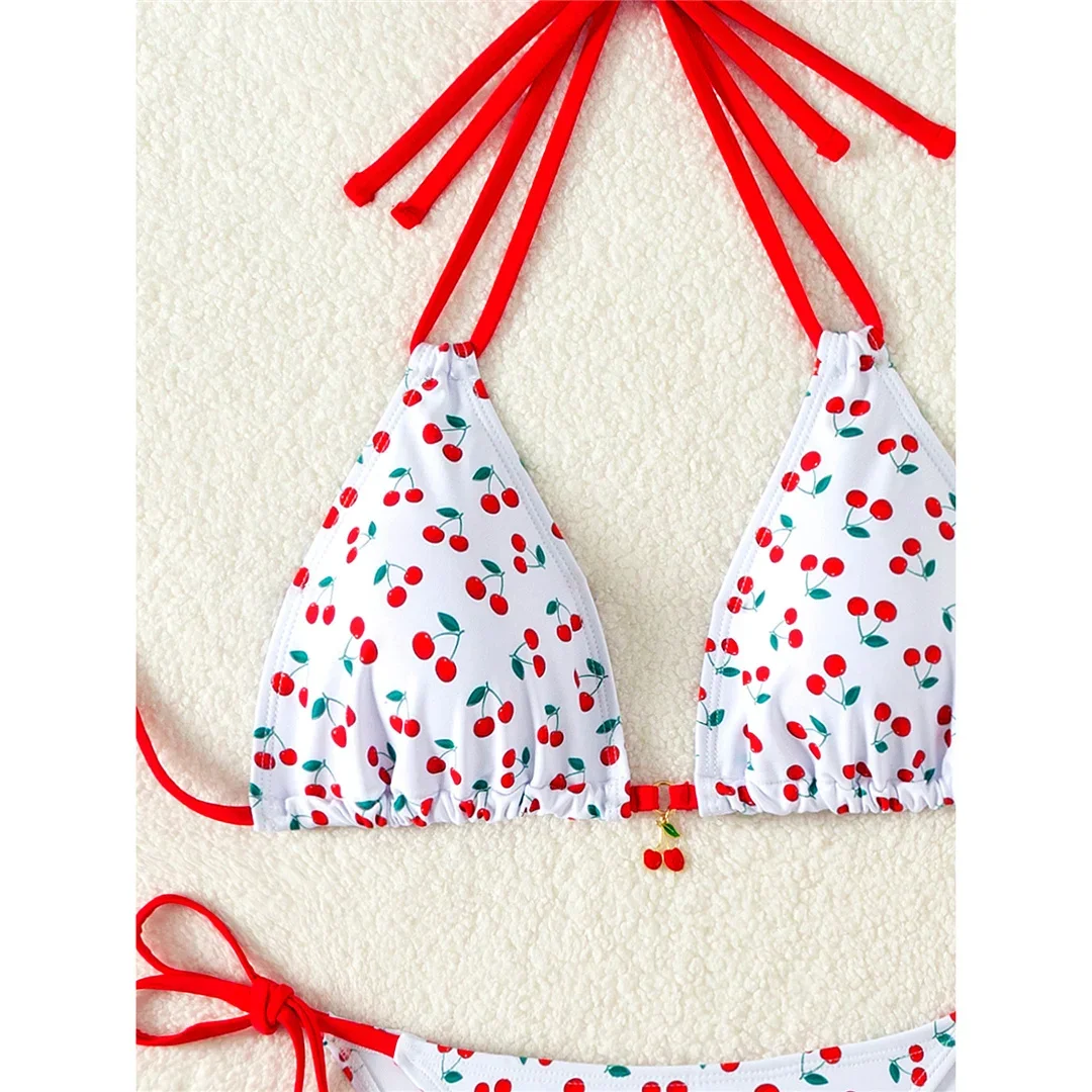 Cherry Gedrukt Halter Hoge Been Cut Bikini Vrouwen Badmode Vrouwelijke Badpak Tweedelige Bikini set Bader Badpak Zwemmen V5872