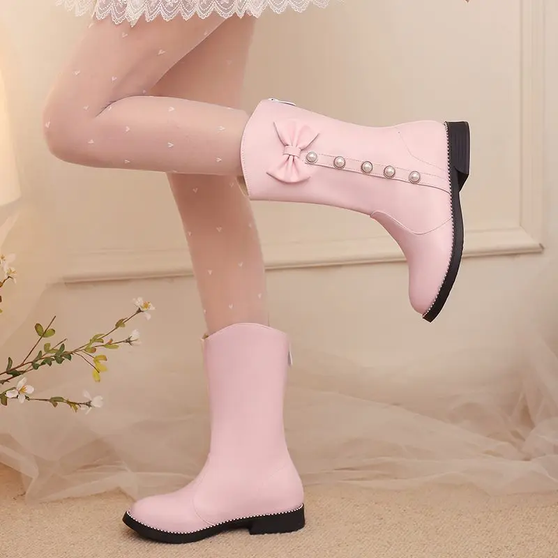 orchalisa-mode-filles-mi-mollet-bottes-nœud-papillon-perle-fermeture-eclair-petite-taille-31-32-33-doux-quotidien-chaussons-pour-dames-bout-rond-rose