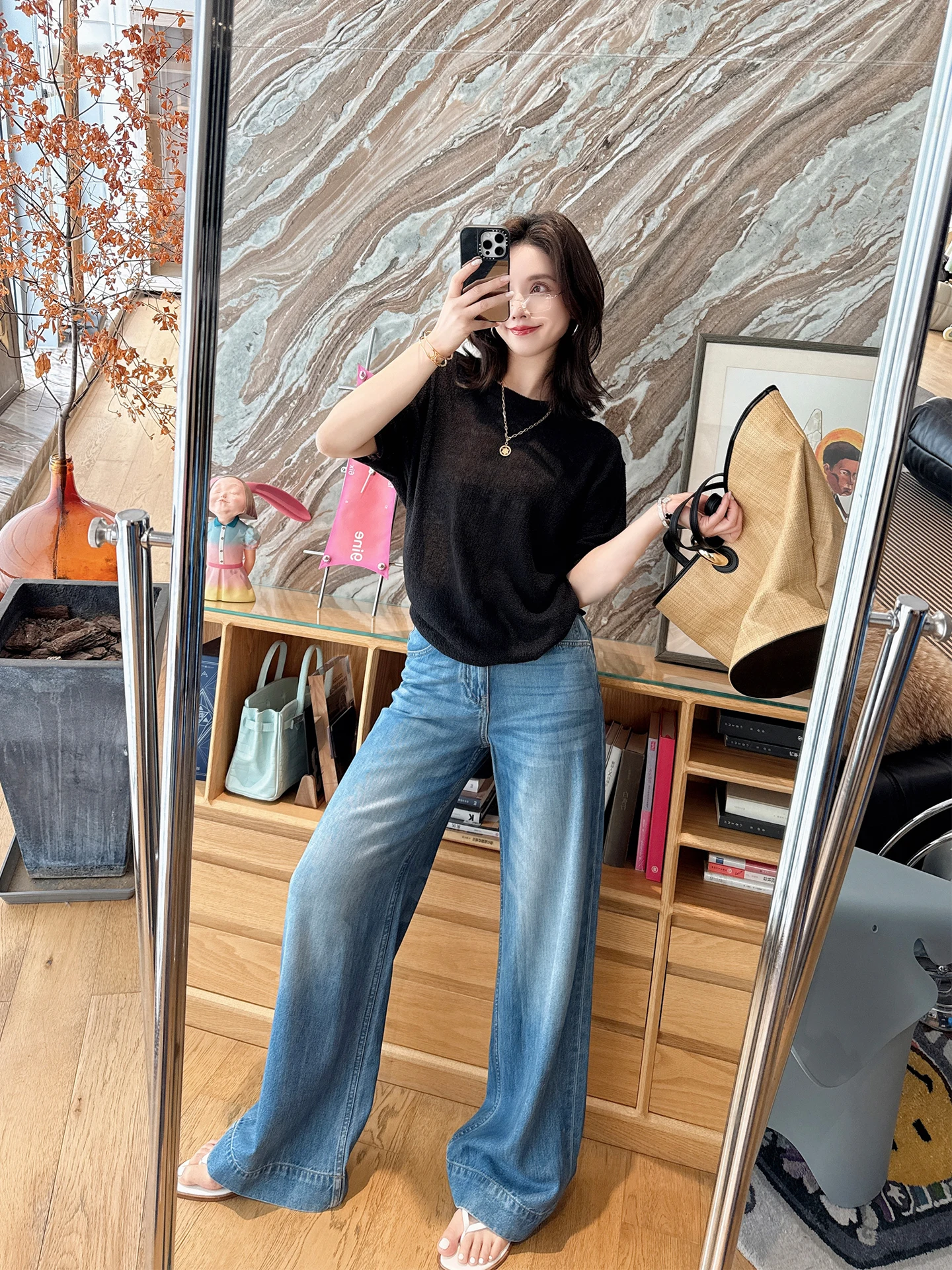 

Универсальные классические джинсы Mandyshen из выстиранного синего денима, свободные широкие брюки с высокой талией для женщин, весенний сезон