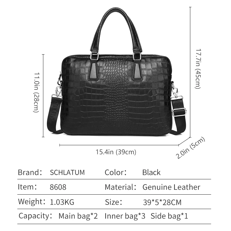 Genuine Leather Crocodile Embossed Laptop Bag Men Business Briefcase Shoulder Handbag Messenger Computer Bag Work Office Travel