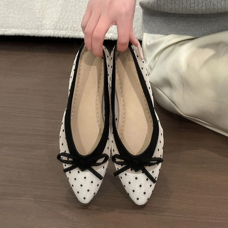 

Spring Autumn Women Mesh Polka Dot Ballet Flats Shoes Bow Decor Breathable Non-Slip Casual Comfortable Daily Shoes