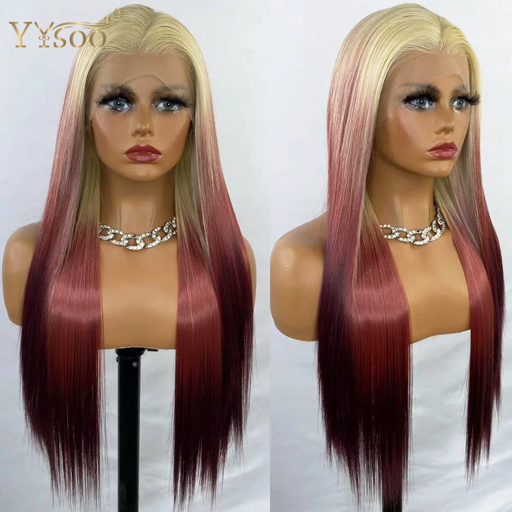 YYsoo13x4 Lange Zijdeachtige Rechte Futura Synthetische Lace Front Pruiken 613 # Ombre Rood Lijmloze Pre Geplukt Half Hand Gebonden Pruiken voor Vrouwen