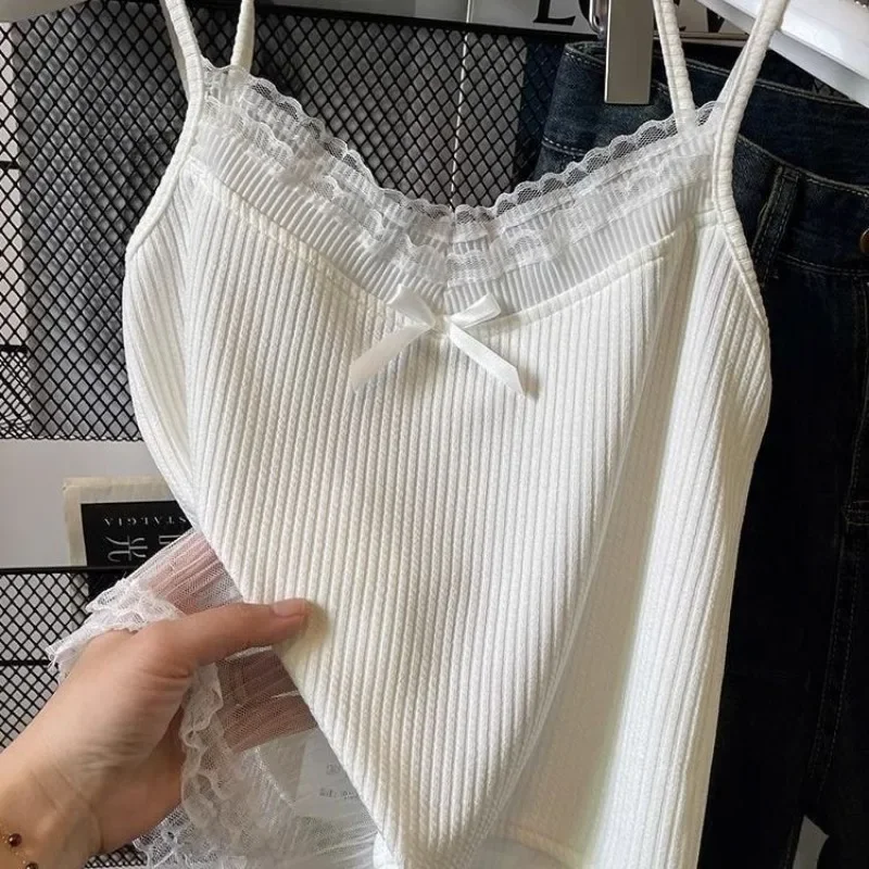 Camiseta sin mangas con lazo de encaje blanco para mujer, corsé con tirantes Halter, camisa básica de malla sin mangas para mujer, tendencia de estilo coreano 2024