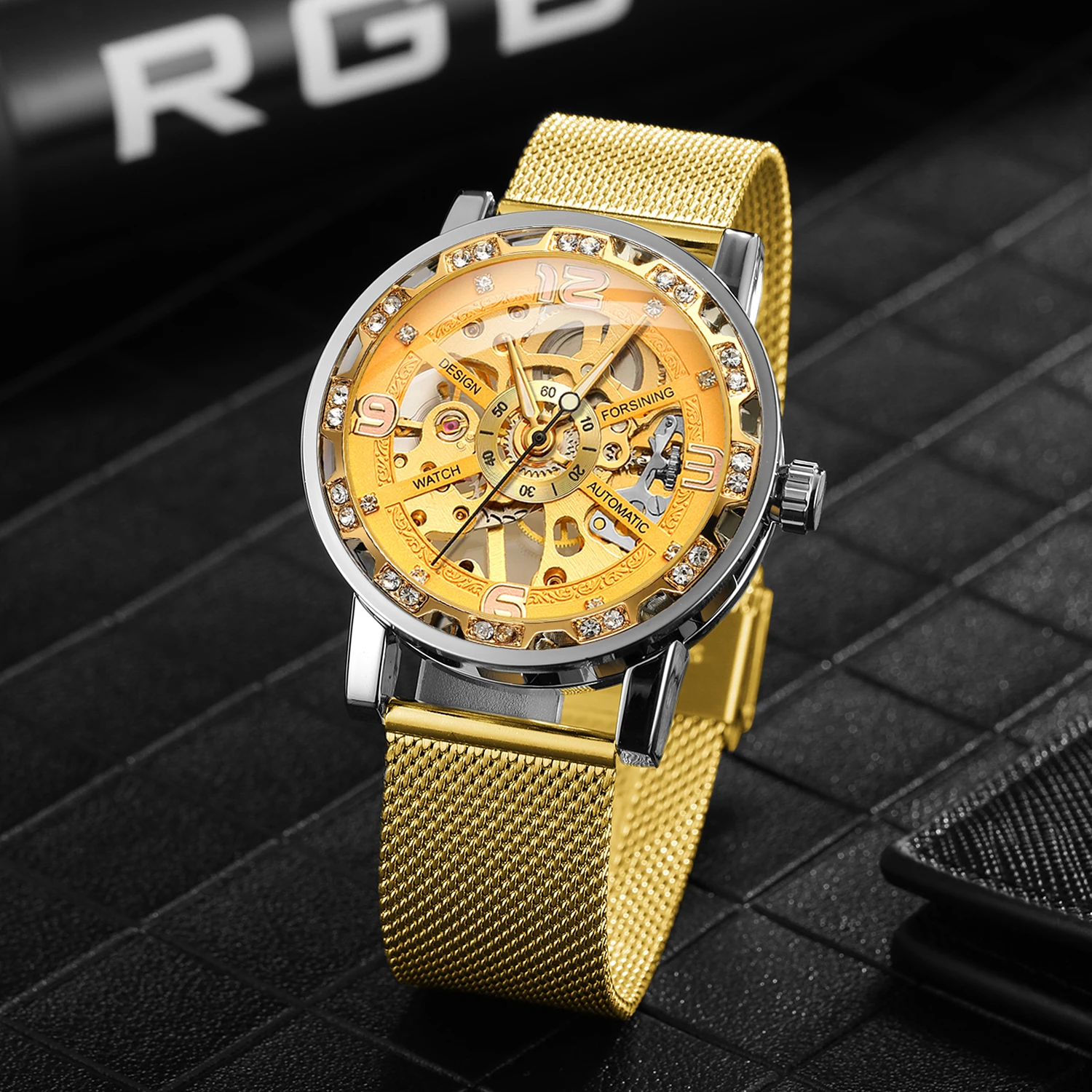 

FORSINING Designer Luxury Fashion Diamond Men's Gold Watch Steel Skeleton Mechanical Manual Movement Wrist Watches Mesh Strap