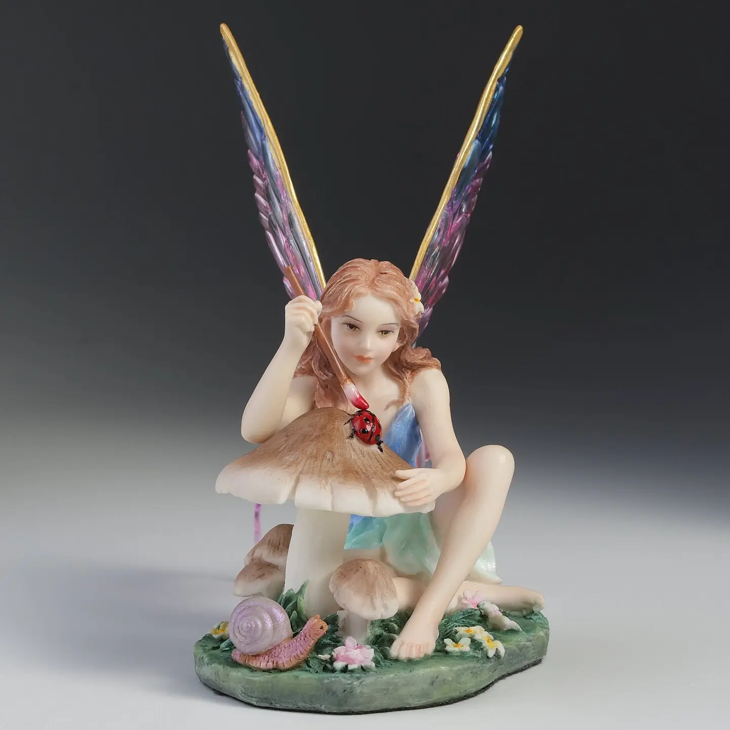 Resin Fairy Figurine Sitting on Mushroom with Ladybug Snail Colorful Shimmer Wings Elf Statue Home Desktop Decorative Ornament