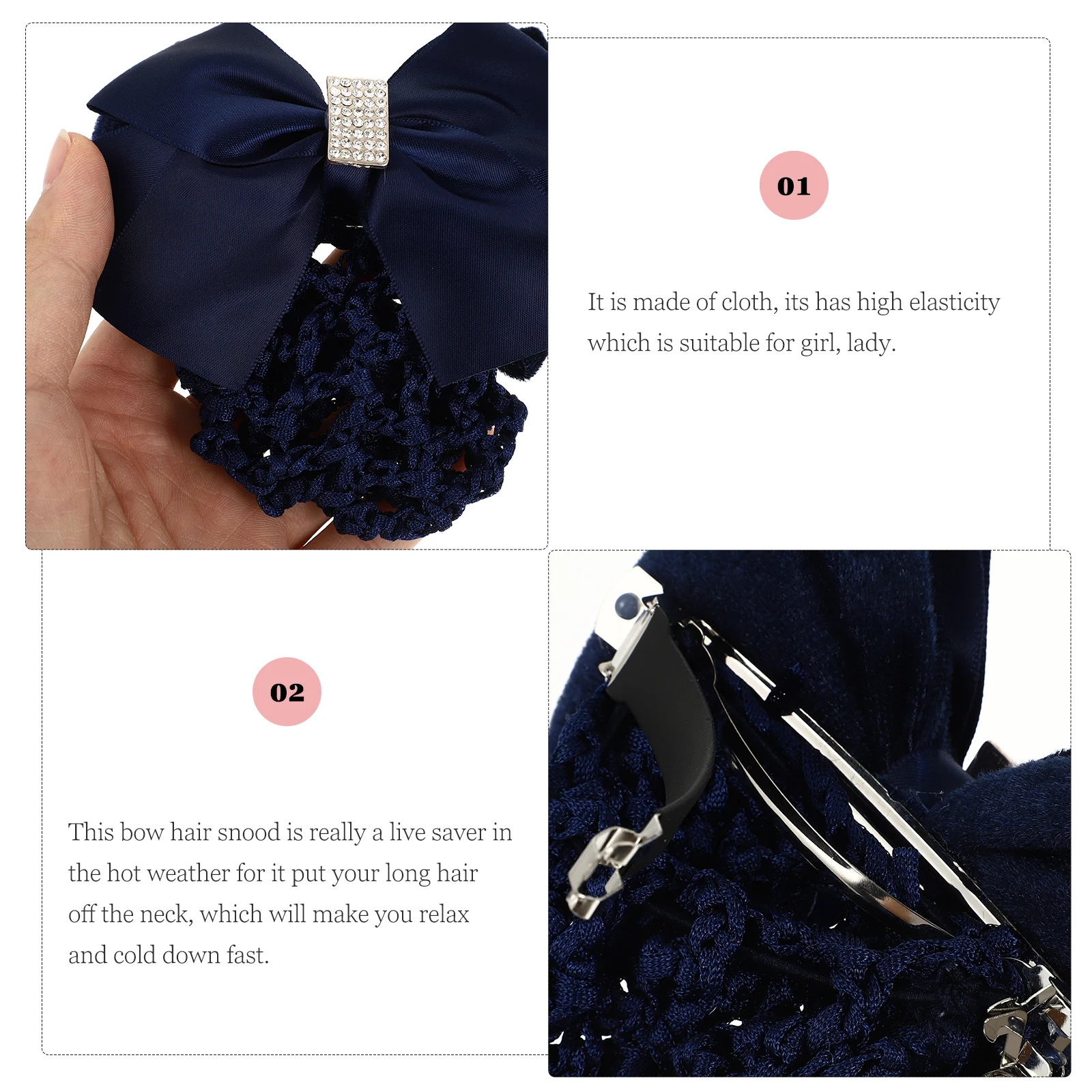 

3 Pcs Bow Hairnet High Elasticity Accessory Bun Snood Rhinestone for Pin Bows Dark Blue